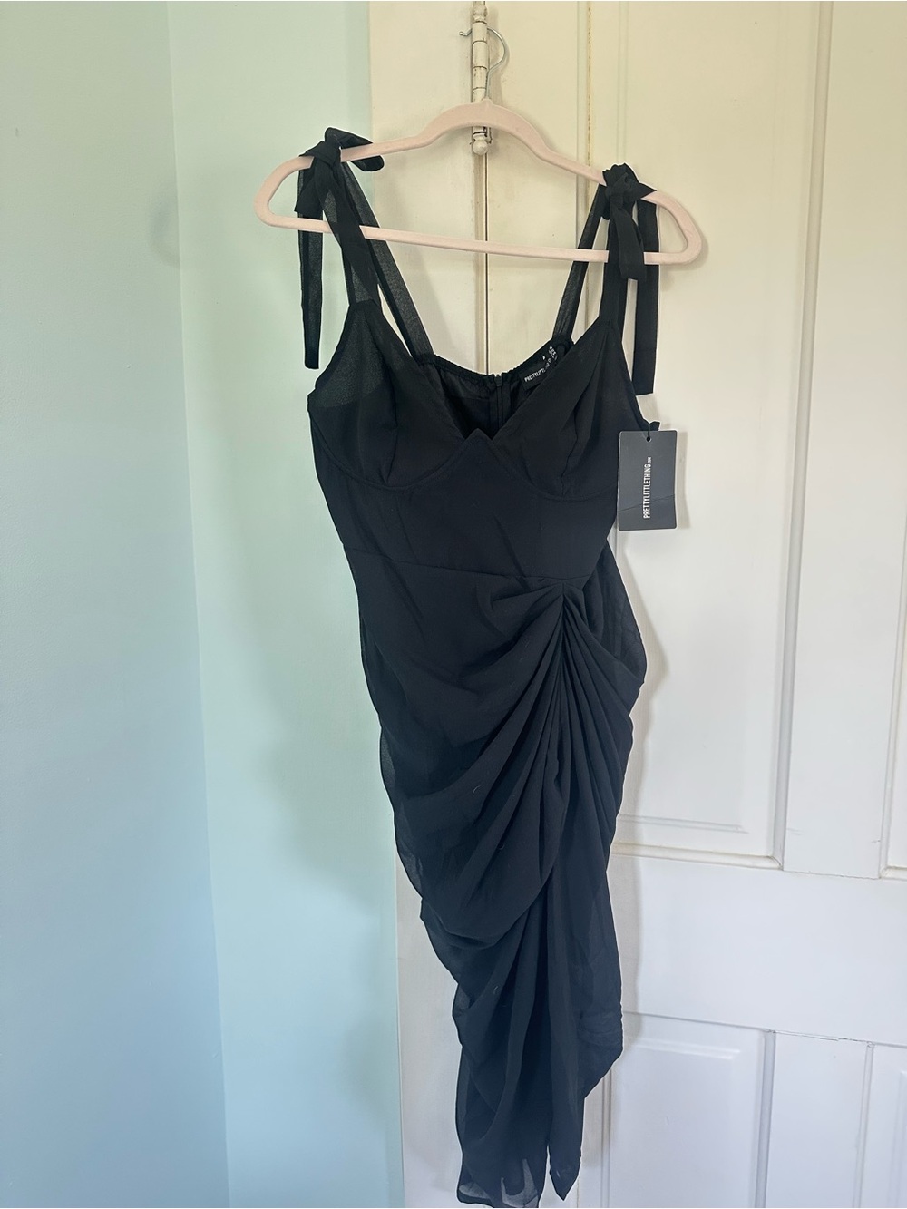 Black Ruched Tie-Shoulder Midi Dress